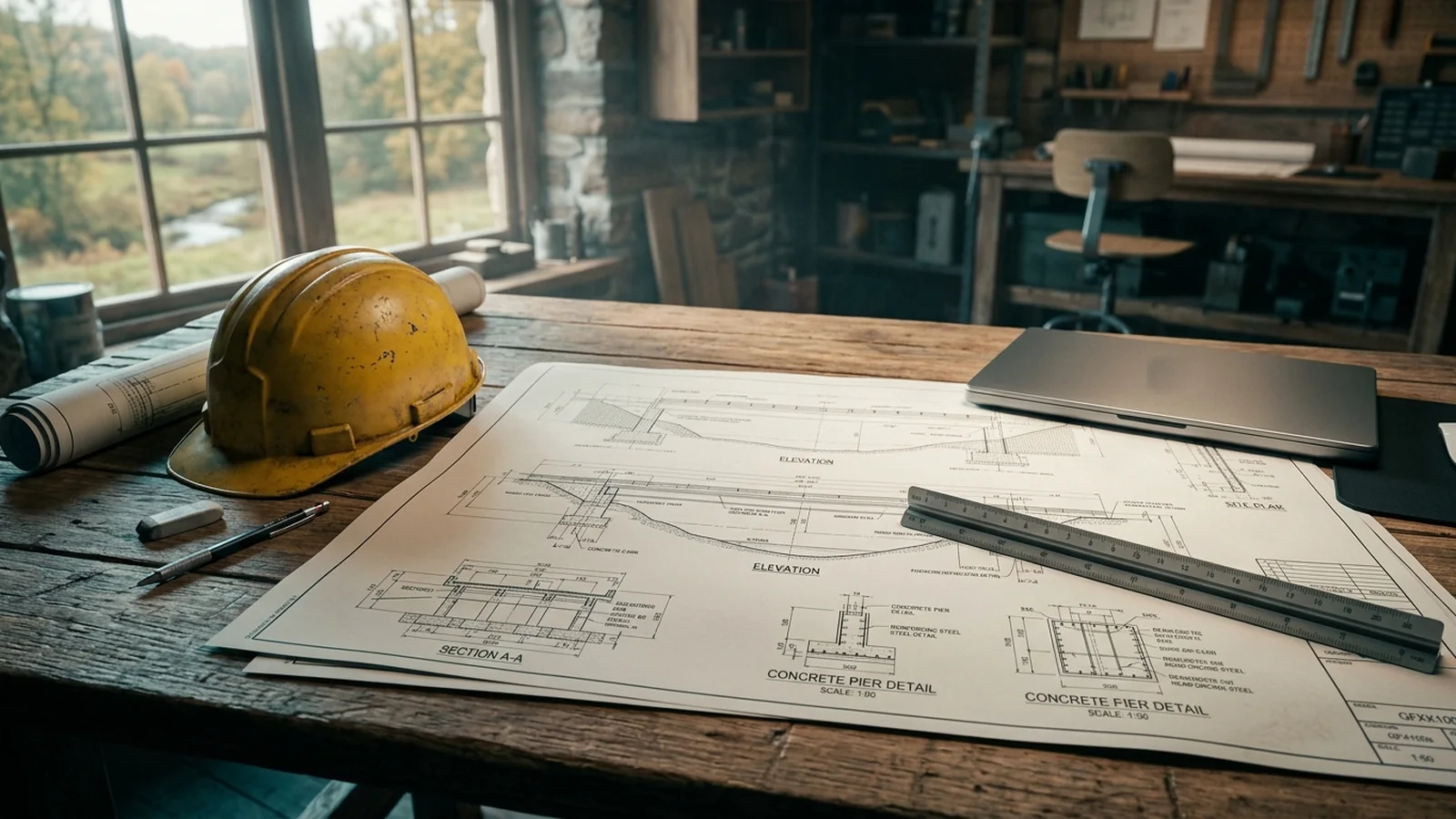 Illustration: engineering drawings of a bridge on a drafting table