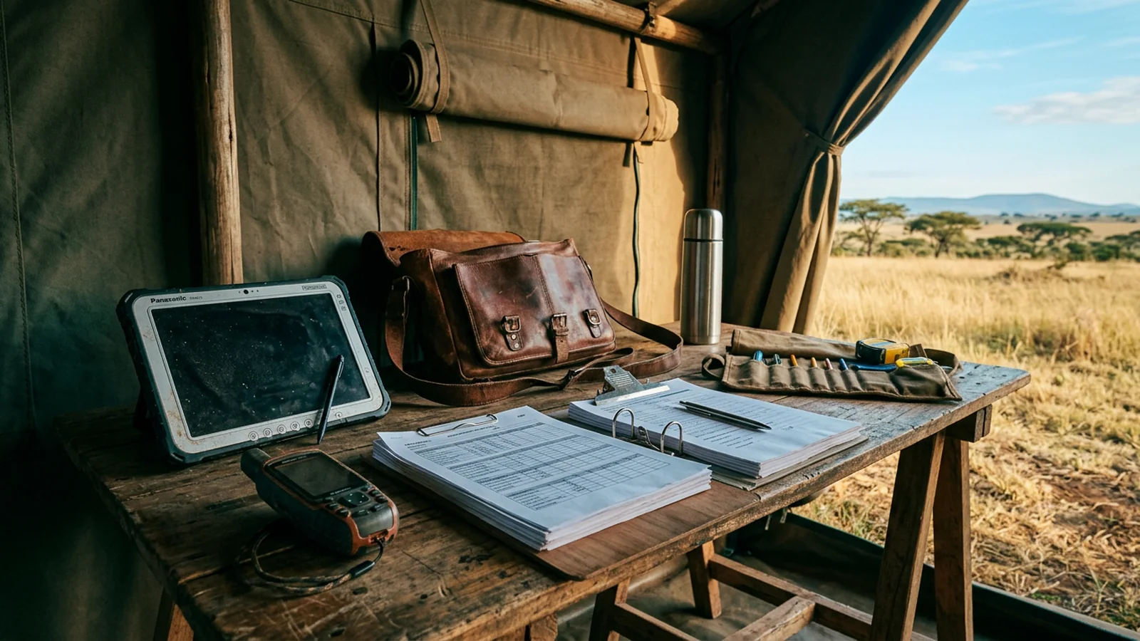 Illustration: a survey field kit laid out in a field office
