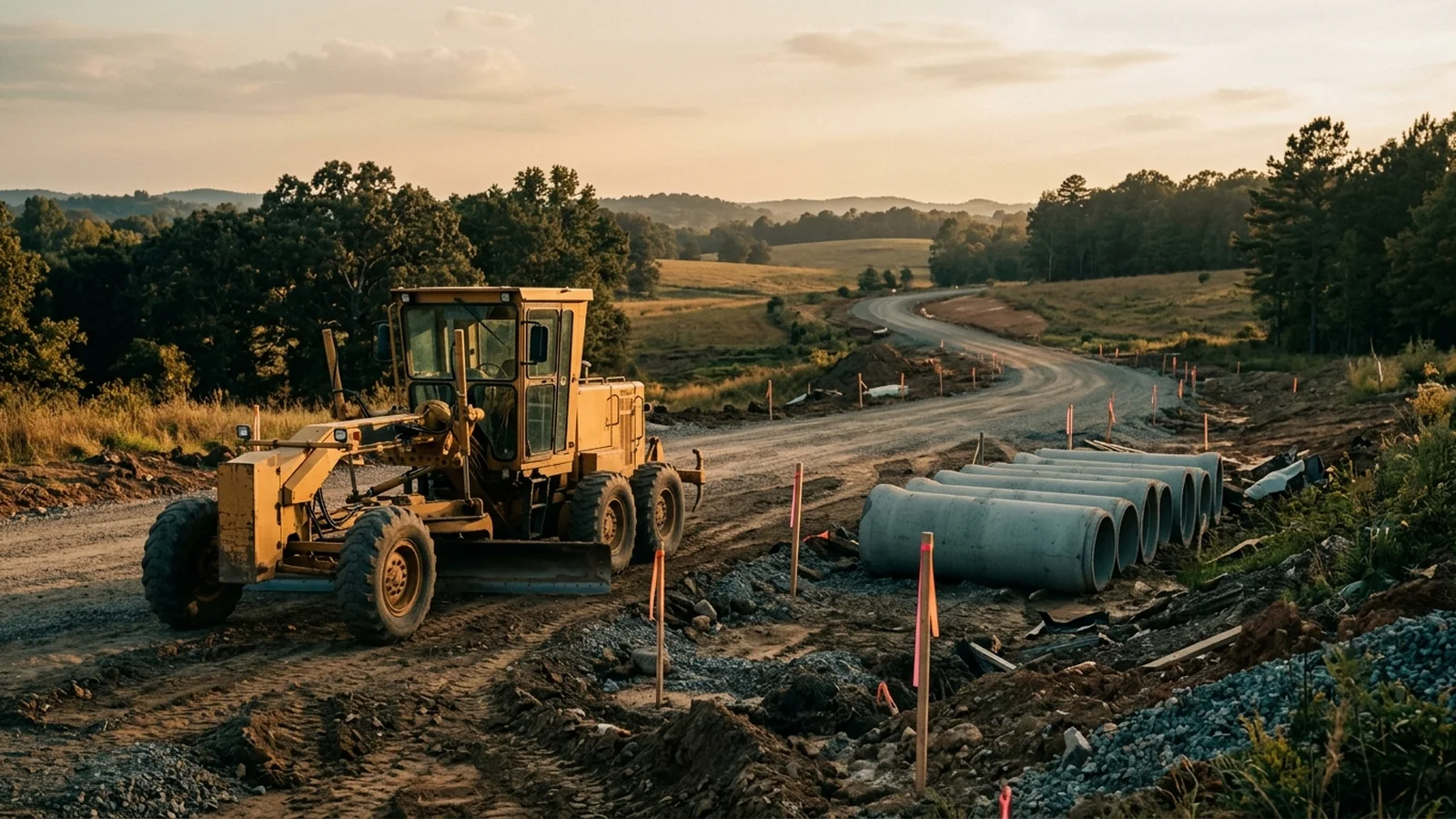 Illustration: a rural road under construction with culvert pipes and survey pegs