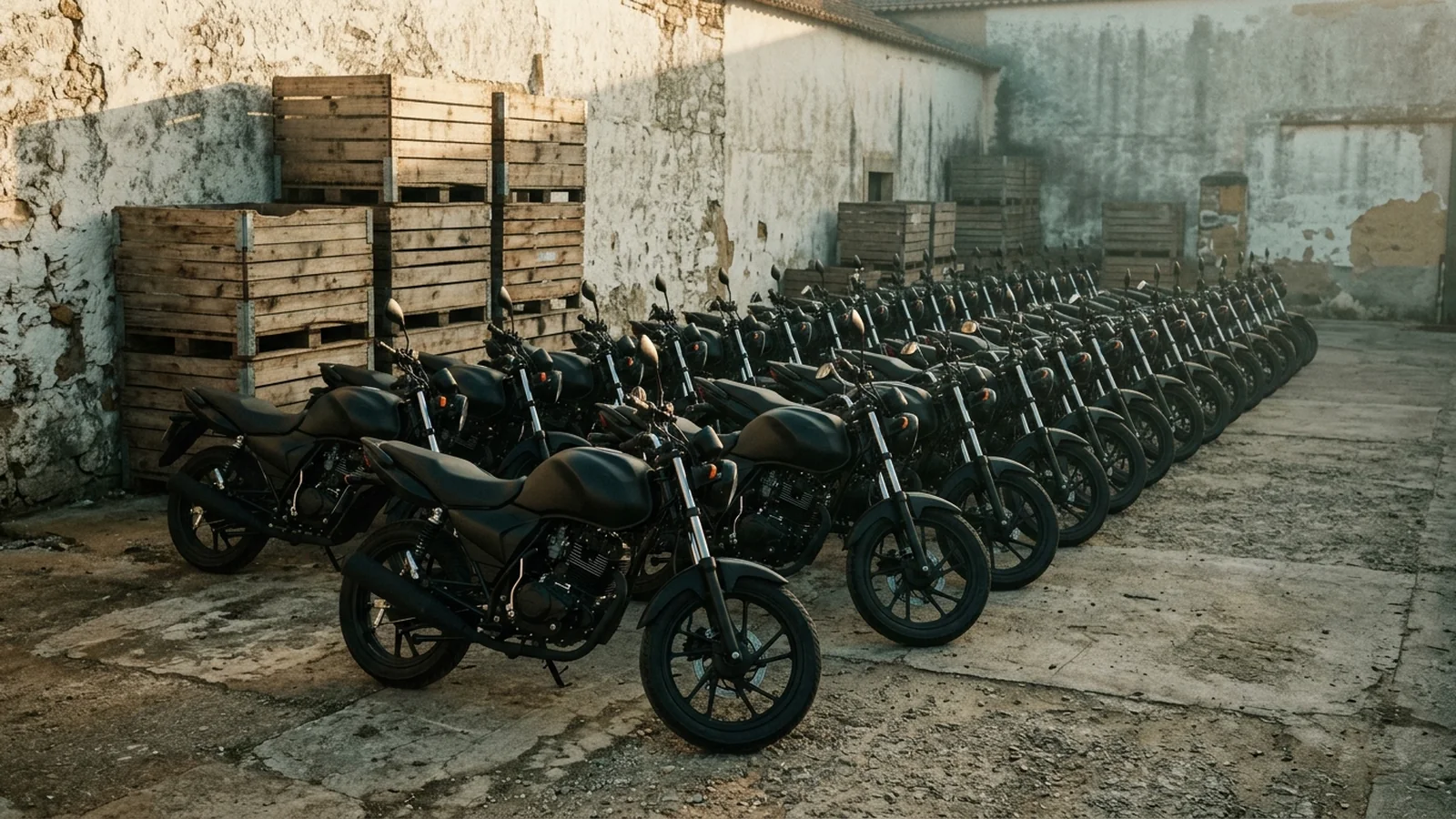 Illustration: a fleet of new motorcycles lined up in a compound